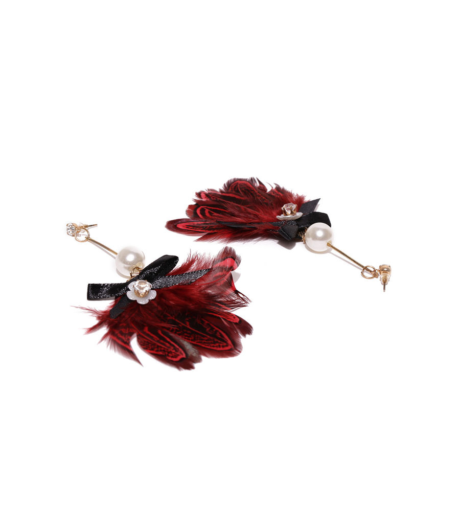 YouBella Red Gold-Plated Feather-Shaped Drop Earrings